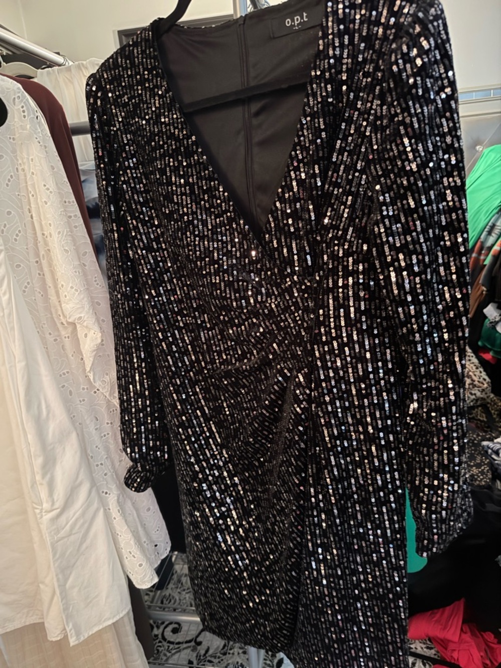 o.p.t Black Sequin Long Sleeve V-Neck Dress